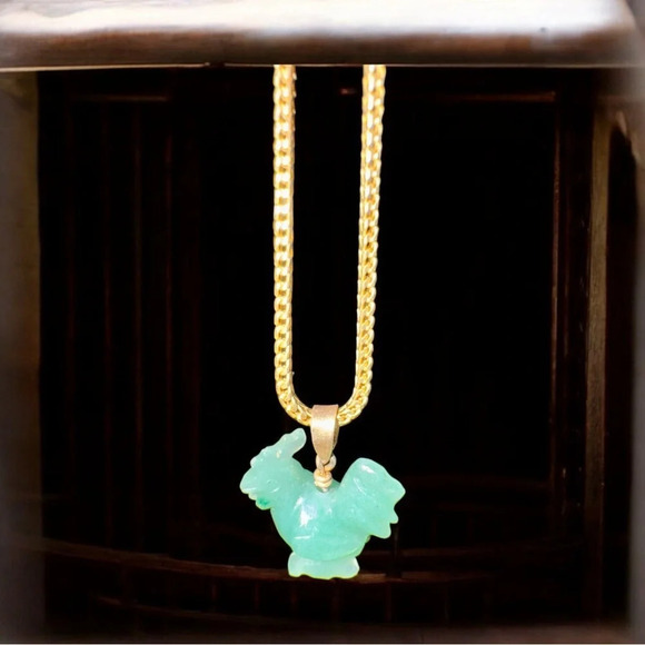 Natural Jade Carved Rooster & Gold Over Sterling Chain (20”) - Picture 2 of 11